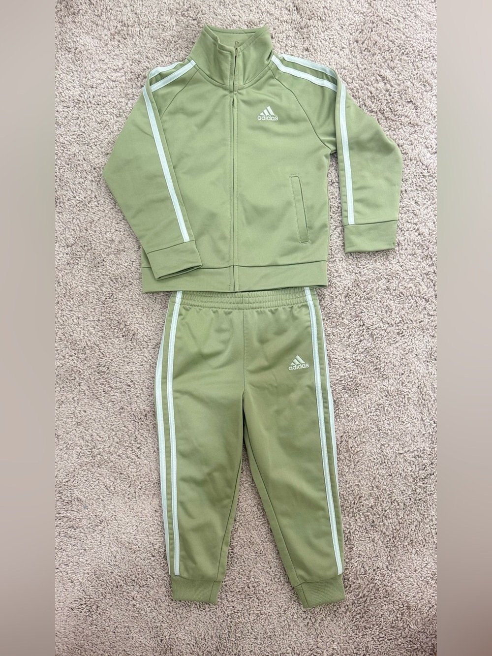 adidas Kids Olive Green Jogger Set with White Stripes